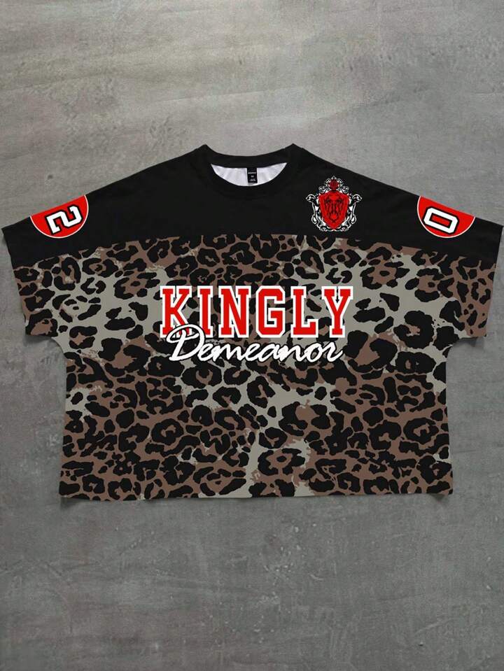 Street Life Men's Leopard Letter Print Patchwork Short Sleeve T-Shirt