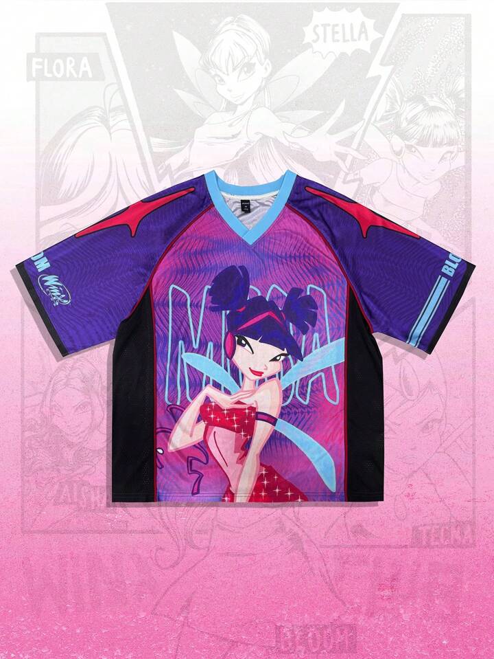 Winx Club X ROMWE Men's Cartoon Character V-Neck Contrast Color Short Sleeve Sports Jersey
