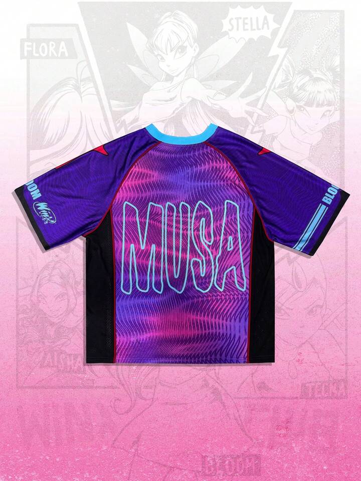 Winx Club X ROMWE Men's Cartoon Character V-Neck Contrast Color Short Sleeve Sports Jersey