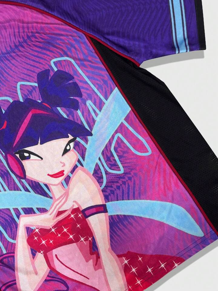 Winx Club X ROMWE Men's Cartoon Character V-Neck Contrast Color Short Sleeve Sports Jersey