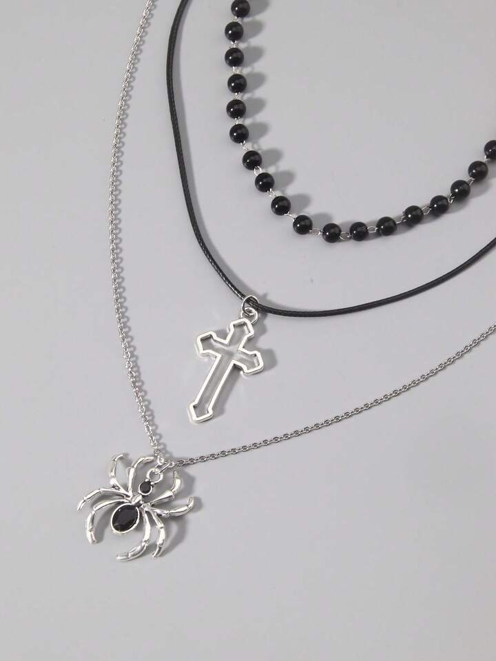 3pcs Gothic Dark Glass Crystal Cross, Heart Pendant Necklace, Personalized Hip Hop Multilayer Necklace For Women, Holiday Gift, Halloween