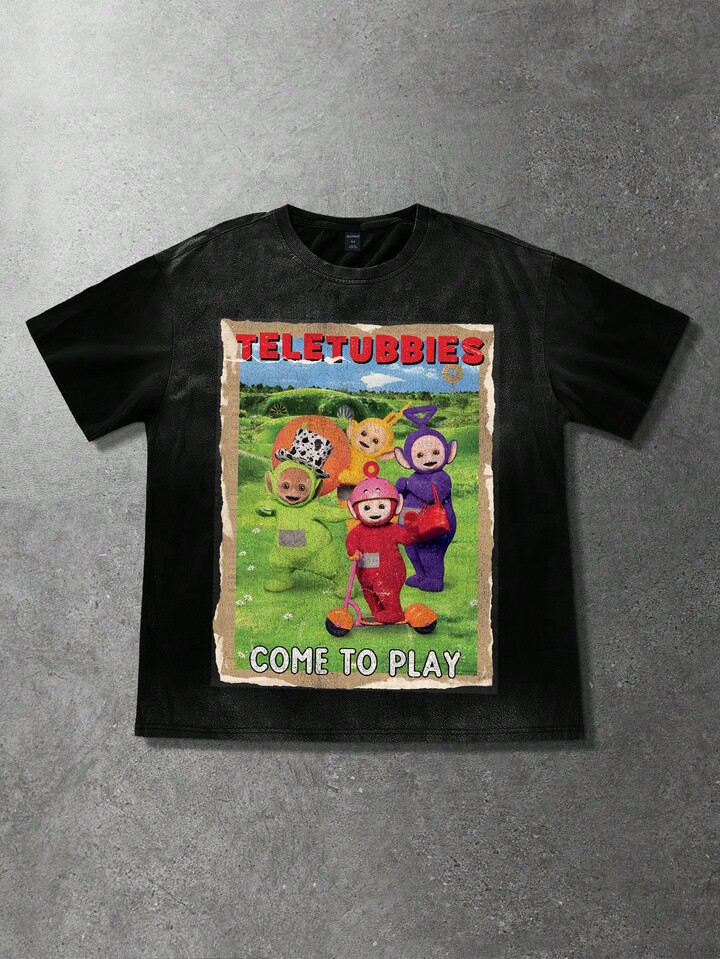 Teletubbies X ROMWE Men's Casual Cute Cartoon Pattern Round Neck Short Sleeve T-Shirt, Summer