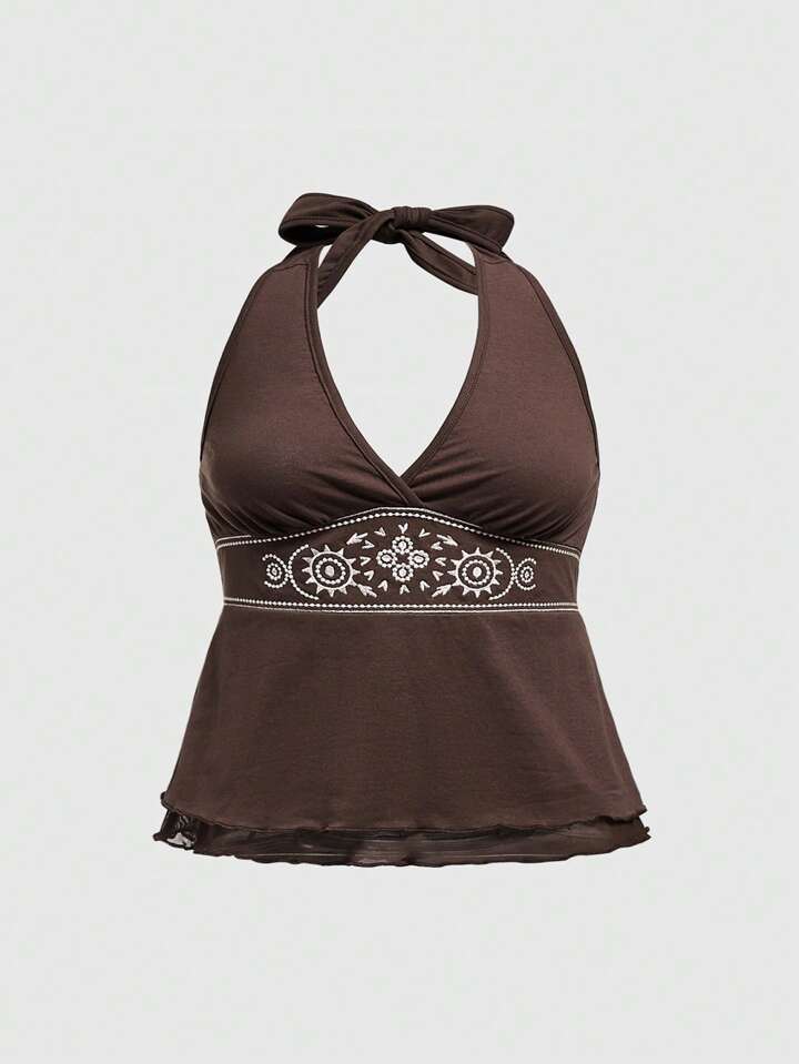 Hippie Waist Totem Embroidery Layered Hem Spaghetti Strap Top For Plus Size Women