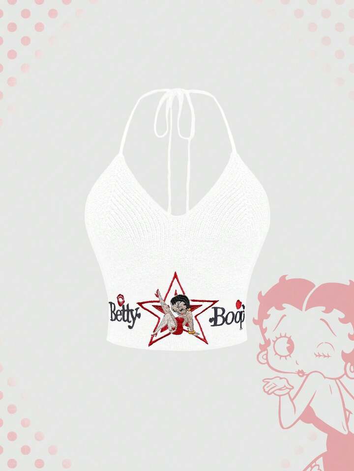 Betty Boop | ROMWE Women's Letter & Figure Embroidery Halter Knitted Top
