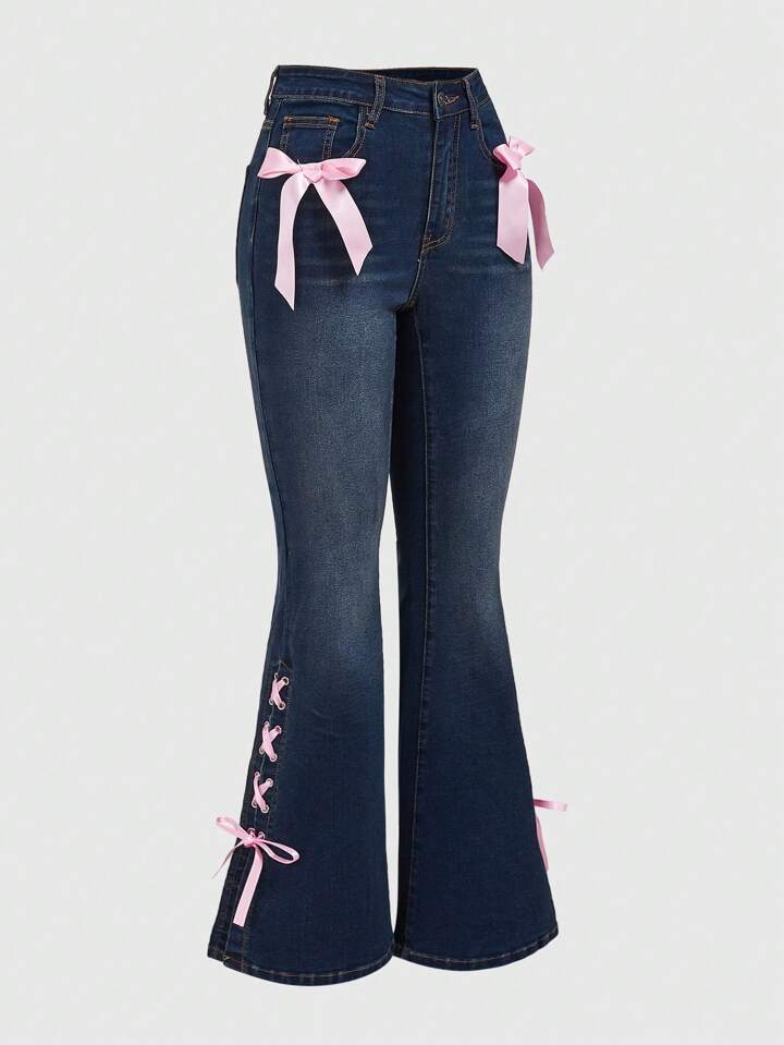 Kawaii Plus Size Women Himekaji Simple Daily Bow Detail Decoration Jeans, School
