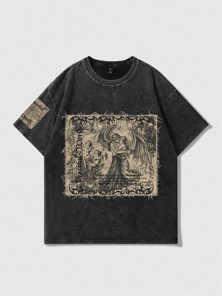 Street Life Men's Retro Anime Acid-Washed Crew Neck Short Sleeve T-Shirt, Suitable For Spring And Summer