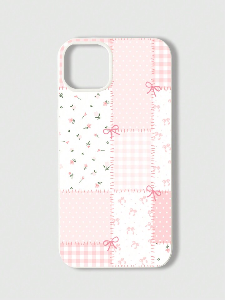Kawaii 1pc Checkered Floral Pattern Glossy Pink Phone Case, Compatible With IPhone 11 12 13 14 15 Pro Max ,Apple Case