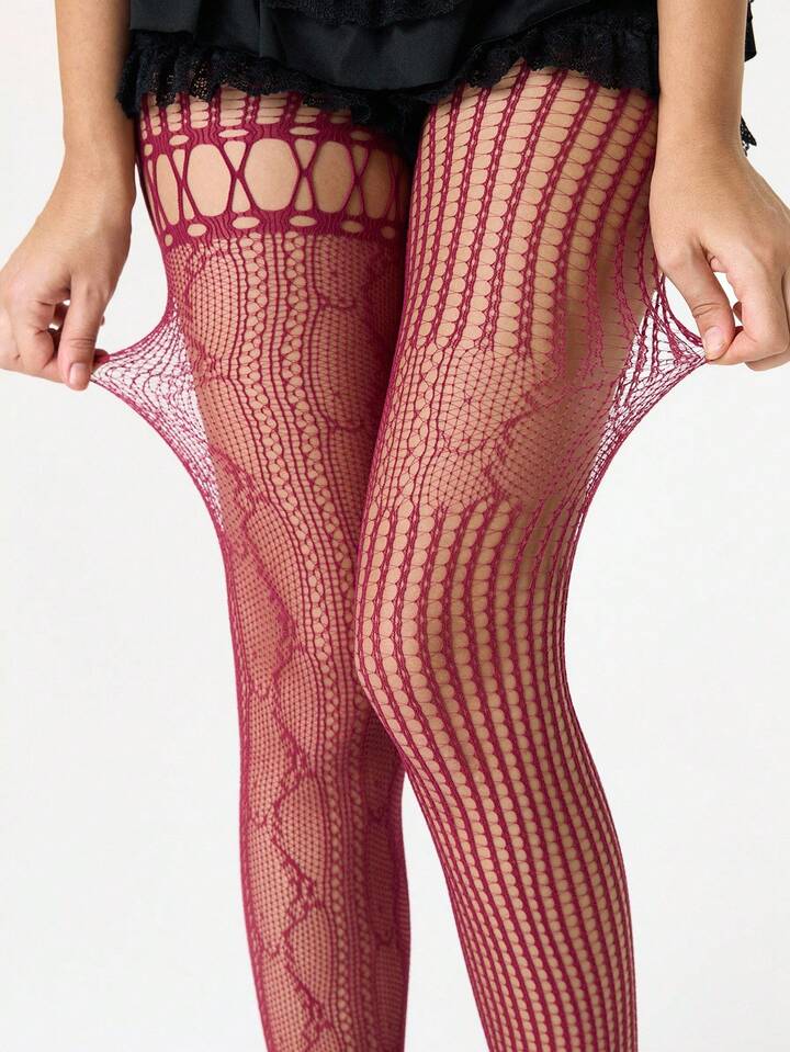 Grunge Punk 1 Pair Sexy Fishnet Stockings With Ombre Color And Geometric Cutout Design, Thin Elastic Sheer Tights For Y2K Style
