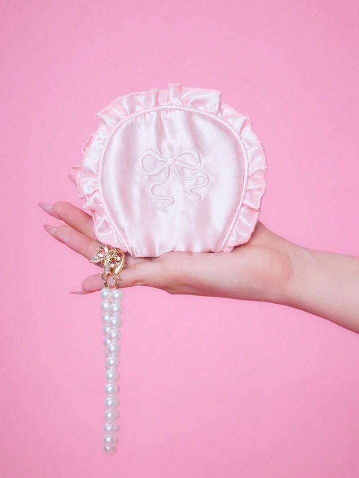 Kawaii 1pc Butterfy Embroidery Seashell Ruffle Coin Purse, Portable Makeup Jewelry Storage Pouch, Traveling Accessory With Pearl Decor Gift