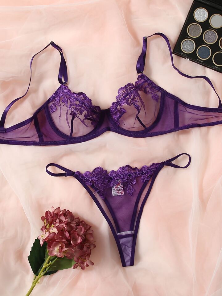 Floral Embroidery Mesh Underwire Bra & Panty Lingerie Set