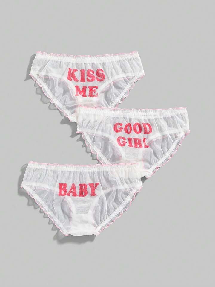 Kawaii 3pcs Sweet & Cute Letter Slogan Mesh Women's Thong Panties