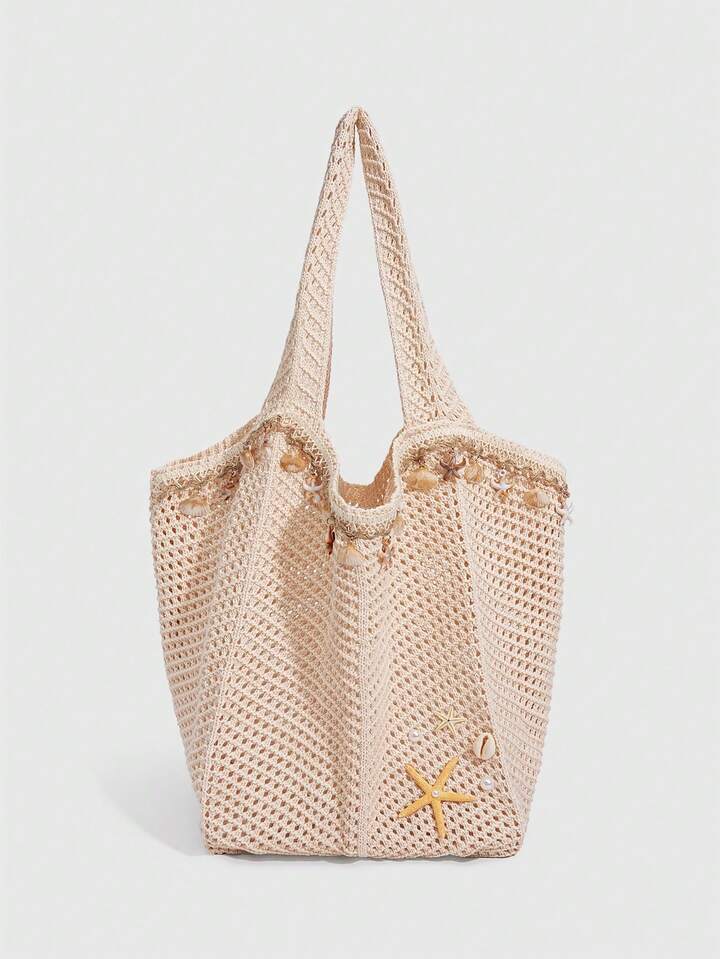 Fairycore 1pc Tropical Ocean Beach Resort Style Woven Hollow Khaki Women Shoulder Tote Bag, Large Capacity