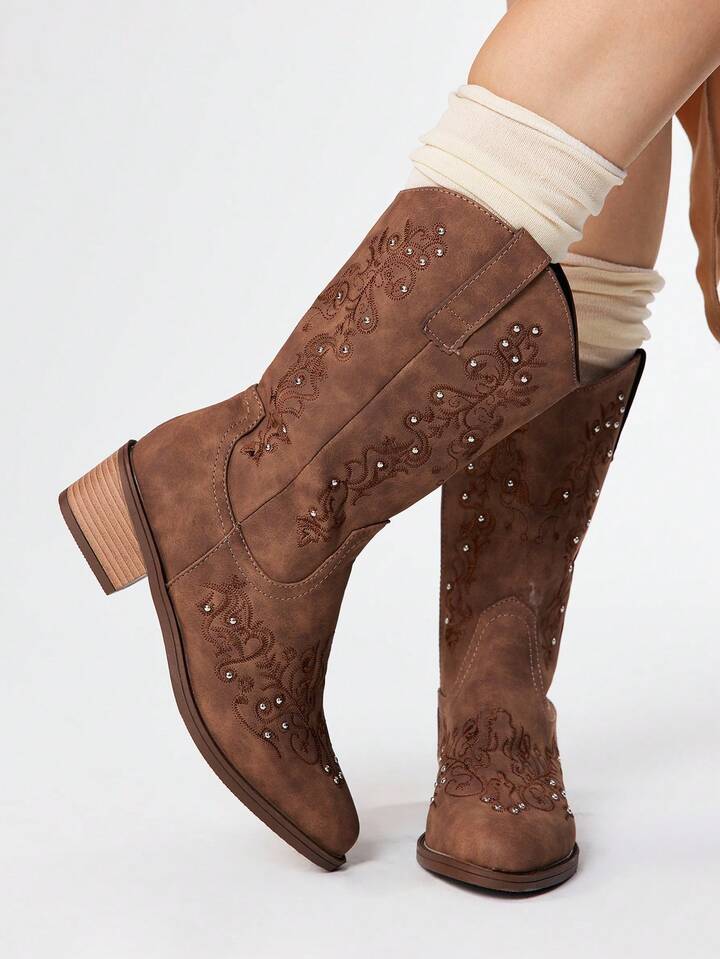 Fairycore 2025 New Fashion Embroidered Rhinestone Women Round Toe Mid-Calf Boots V-Cut Long Shaft Riding Boots Chunky Heel Slimming Versatile PU Tall Boots For Women