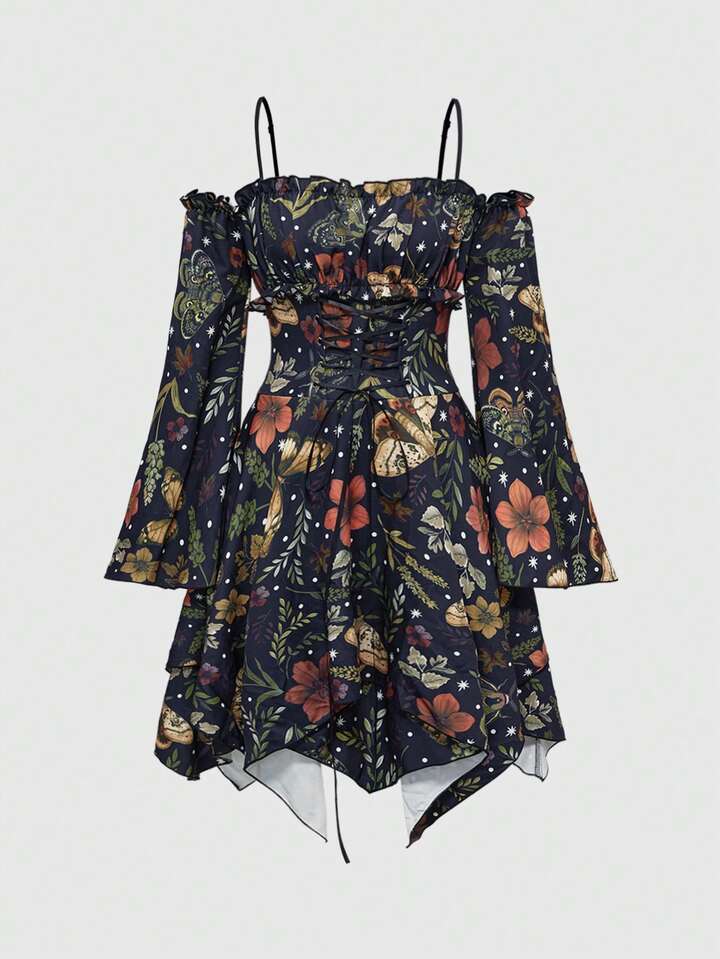 Fairycore Women's Casual Floral Print Cross-Tie Flare Sleeve Dress, Autumn