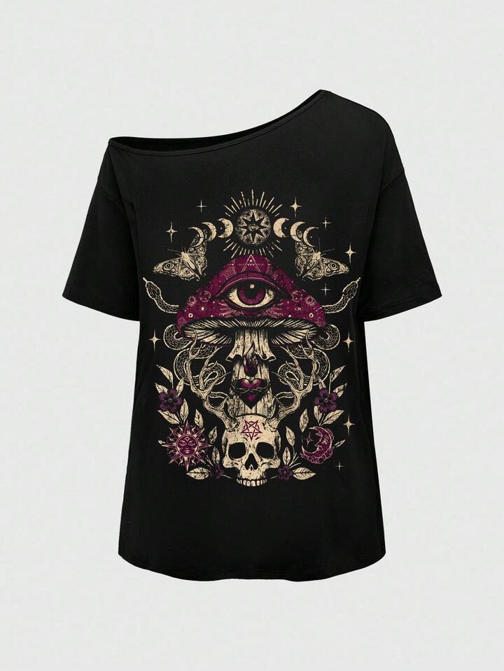 Goth Oversized Distressed Mushroom Skull Eye Print Single Shoulder T-Shirt
