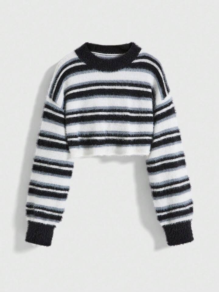 2025 Autumn/Winter Faux Mink Velvet Striped Cropped Sweater, High Waist Midriff-Baring Soft Knit Top For Fashionable Women