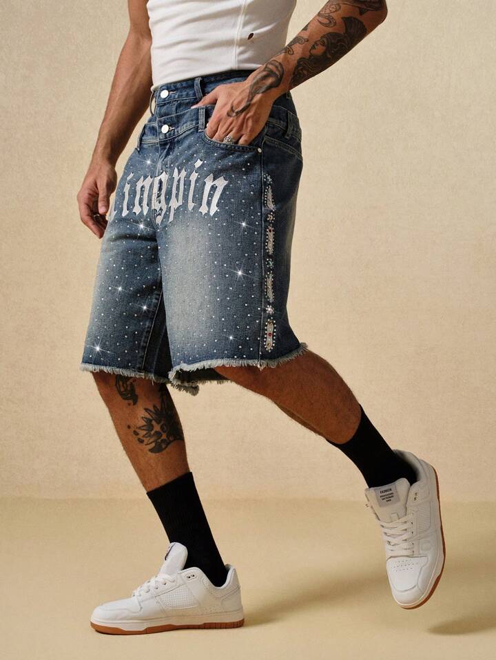 Street Life Men's Double-Layer Waist Sparkling Diamond Letter Embroidery Loose Denim Shorts