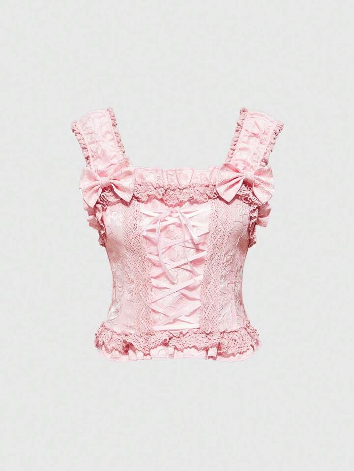 EDITION Women's Contrast Lace Ruffle Bowknot Strap Camisole