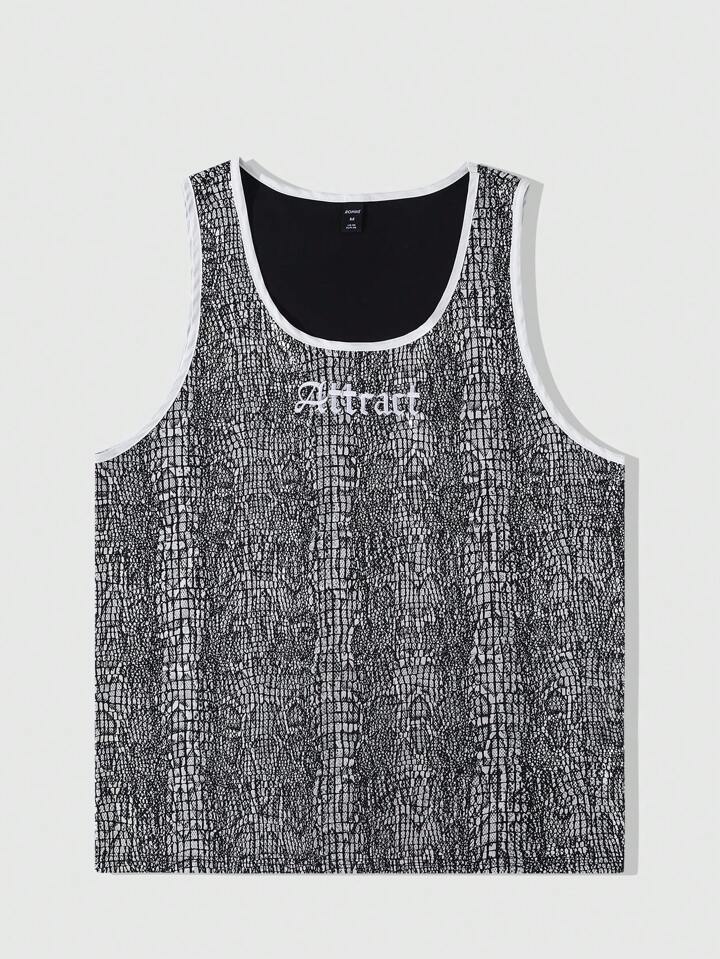 Men's Street Life Snake Skin Pattern Letter Print Rimmed Crew Neck Tank Top, Halloween