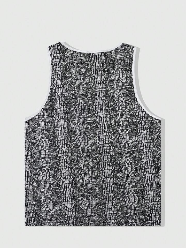 Men's Street Life Snake Skin Pattern Letter Print Rimmed Crew Neck Tank Top, Halloween
