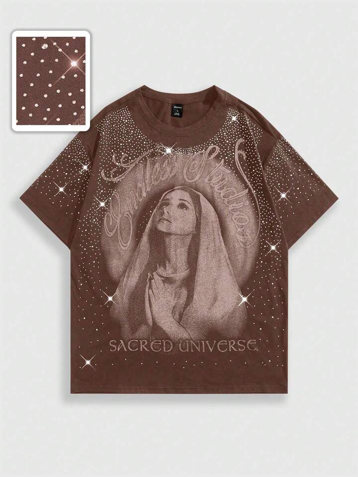 Goth Men's Virgin Mary Rhinestone Embellished Short Sleeve T-Shirt, Suitable For Everyday Wear, Spring/Summer