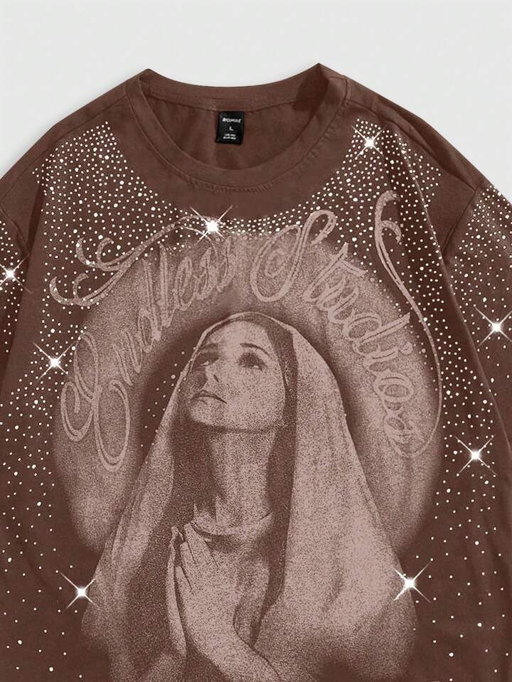 Goth Men's Virgin Mary Rhinestone Embellished Short Sleeve T-Shirt, Suitable For Everyday Wear, Spring/Summer 4 Goth Men's Virgin Mary Rhinestone Embellished Short Sleeve T-Shirt, Suitable For Everyday Wear, Spring/Summer