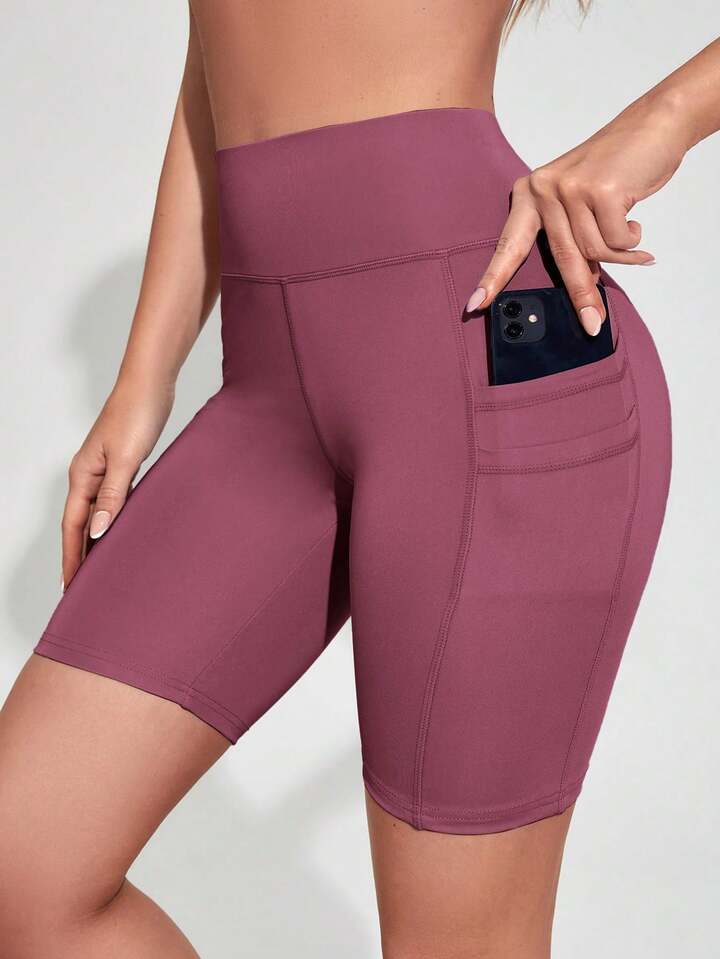Solid Biker Shorts With Phone Pocket
