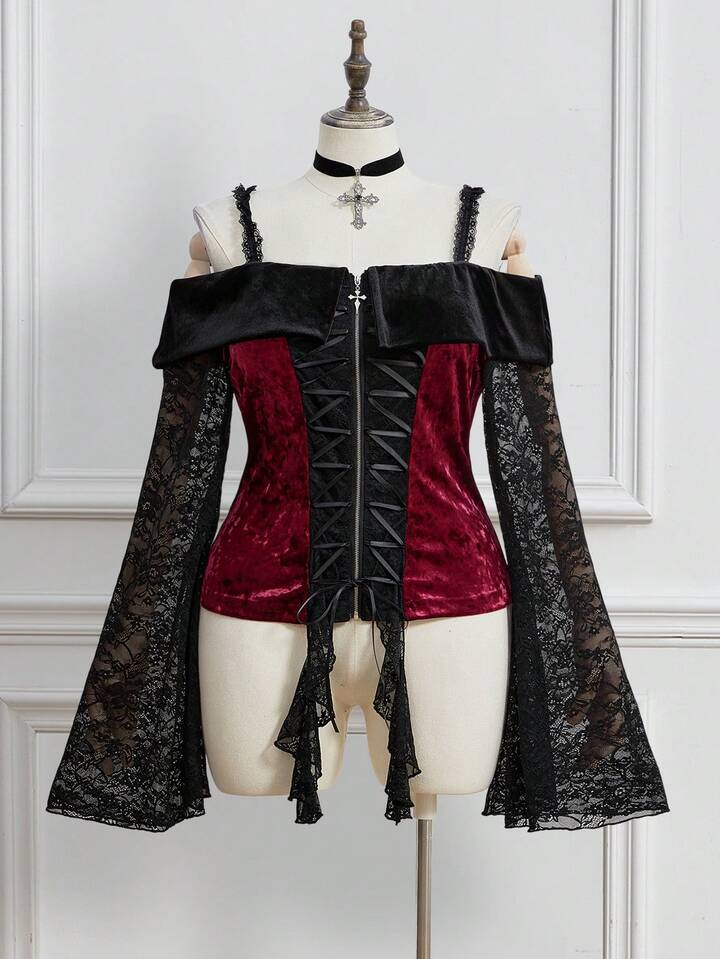 Plus Size Gothic Elegant Luxurious Off-Shoulder Strap Lace Flare Sleeve Tie-Up Splice Contrast Color Blouse, Autumn/Winter Plus Size Gothic Luxurious Retro Women Top