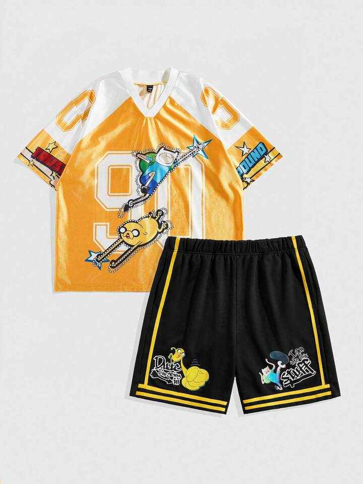Adventure Time X ROMWE Men's Casual Contrast Color Letter & Cartoon Pattern Round Neck Short Sleeves Set
