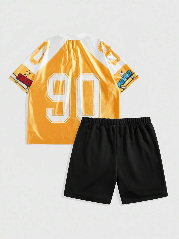 Adventure Time X ROMWE Men's Casual Contrast Color Letter & Cartoon Pattern Round Neck Short Sleeves Set