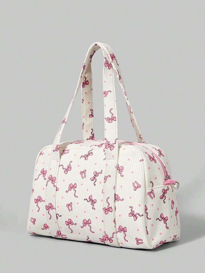 Kawaii Women's Fashionable Portable Corduroy Bow & Polka Dot Print Handbag, Cute Bow Bag For Women , Bow