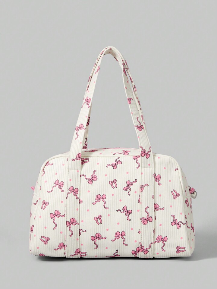 Kawaii Women's Fashionable Portable Corduroy Bow & Polka Dot Print Handbag, Cute Bow Bag For Women , Bow