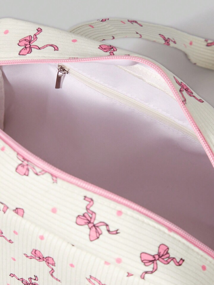 Kawaii Women's Fashionable Portable Corduroy Bow & Polka Dot Print Handbag, Cute Bow Bag For Women , Bow