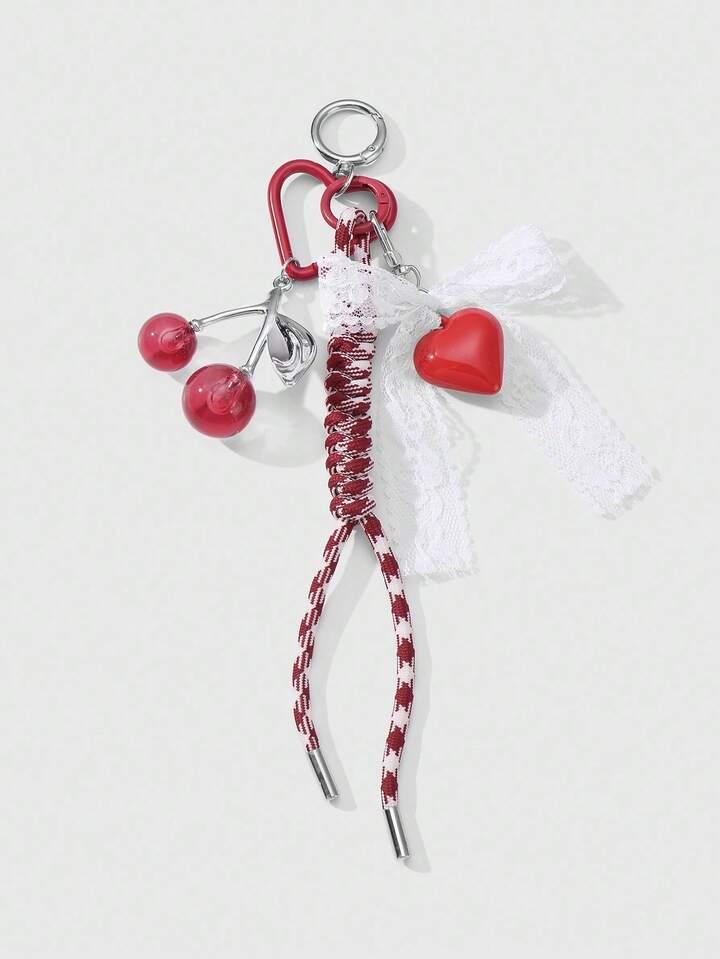 Kawaii 1pc Fashionable & Elegant Resin Cherry Acrylic Heart Design With Lace Bow & Ombre Braided Cord, Versatile Keychain, Phone Charm, Bag Decor, Suitable For Women, Girls, Ideal Gift
