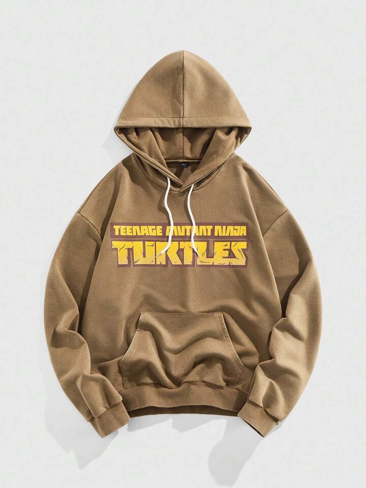 TEENAGE MUTANT NINJA TURTLES X ROMWE Men's Casual Letter Graphic Pocket Drawstring Hoodie, Autumn