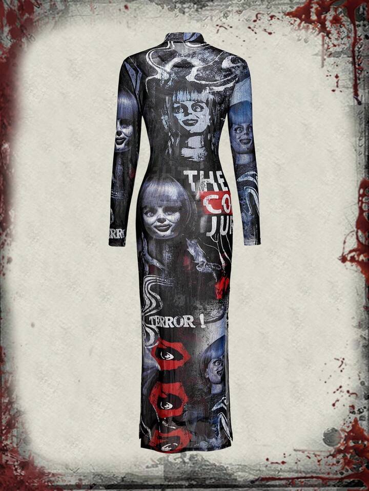 The Conjuring X ROMWE Horror Halloween Figure Graphic Mesh Sheer High Slit Dress