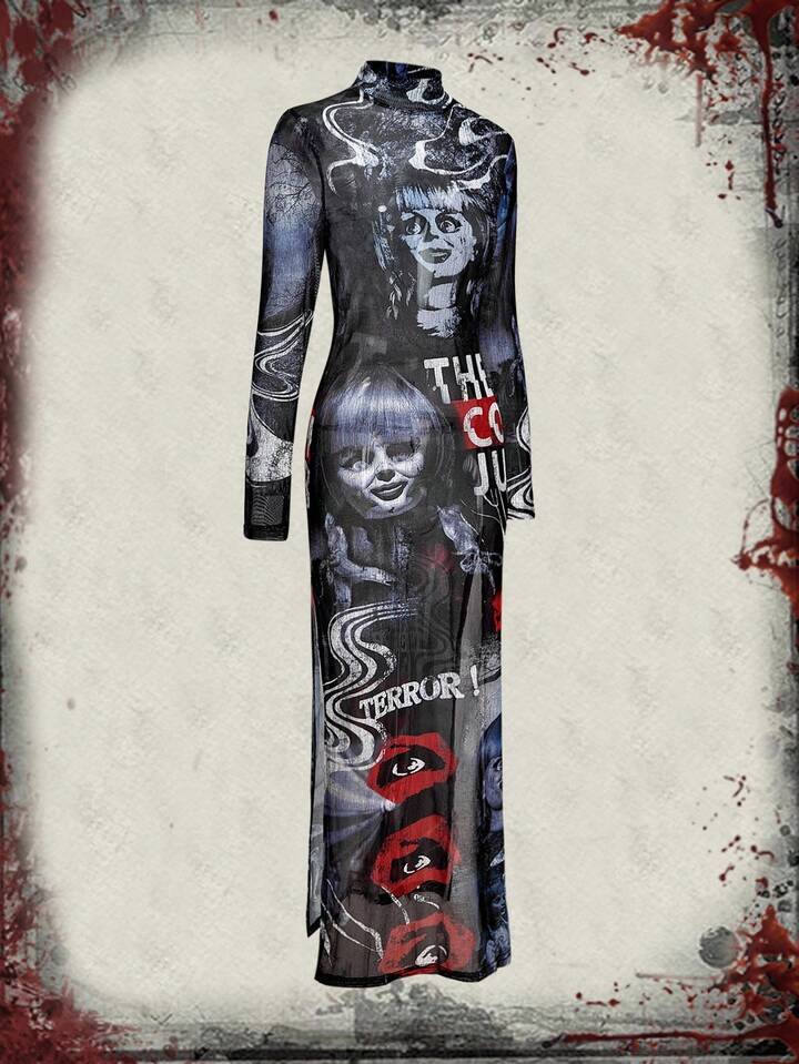 The Conjuring X ROMWE Horror Halloween Figure Graphic Mesh Sheer High Slit Dress