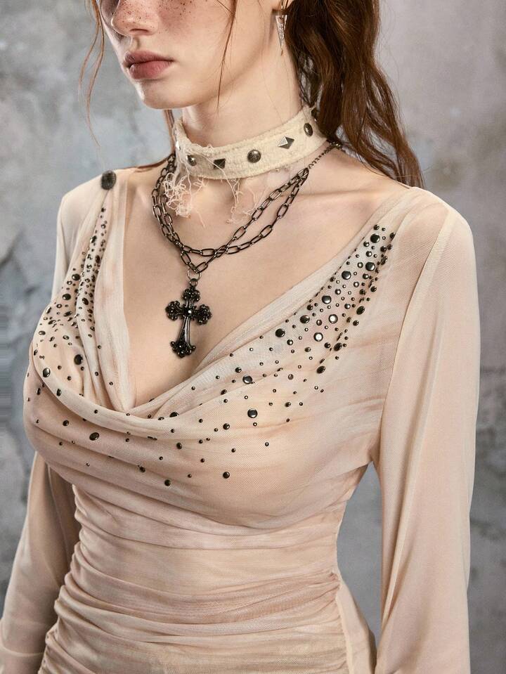 EDITION Fairy Asymmetric Shoulder Rhinestone Embellished Vintage Style Blouse For Women