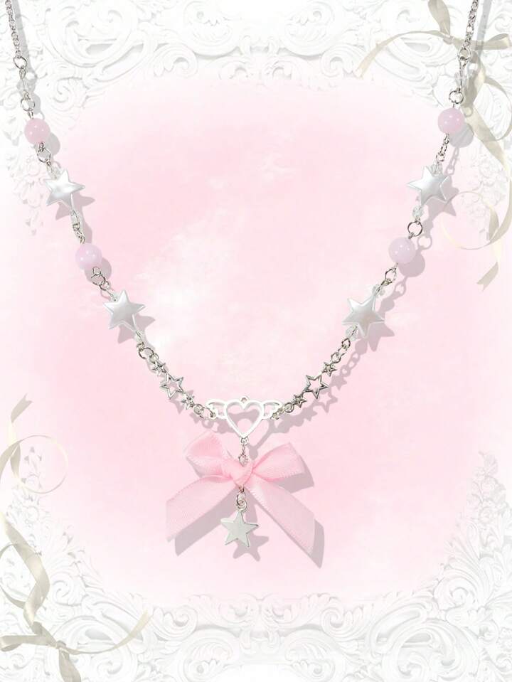 Kawaii 1pc Cute Style Star & Bowknot Pendant Necklace Valentines