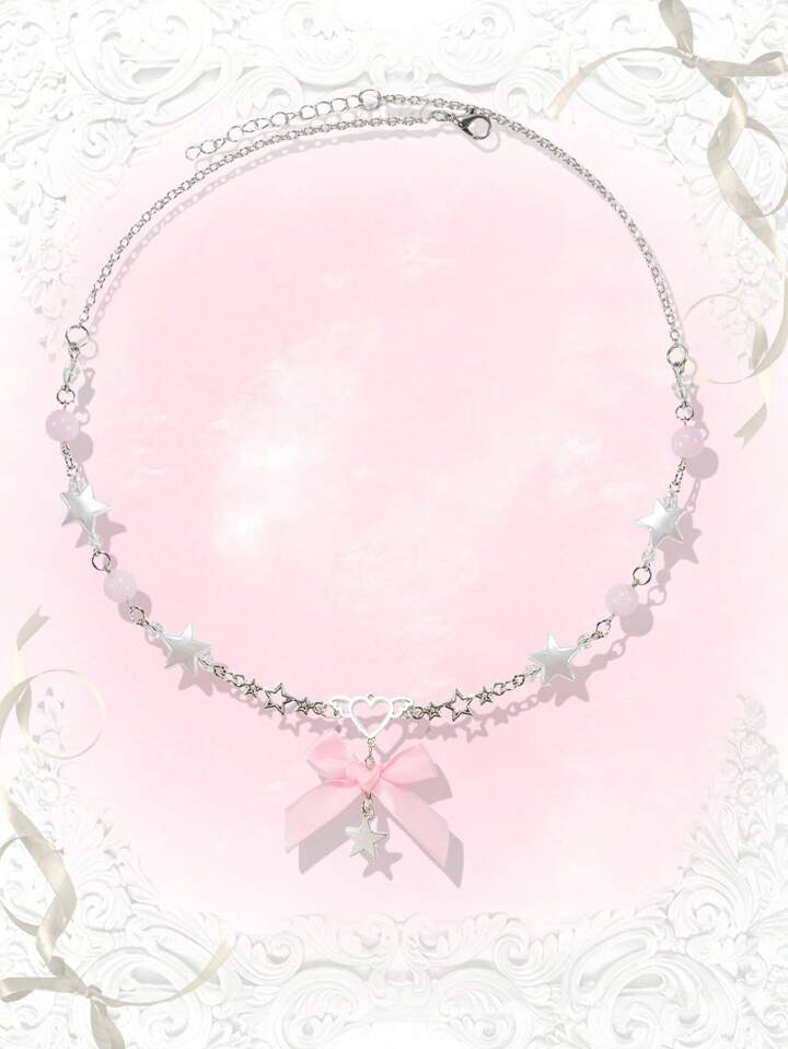 Kawaii 1pc Cute Style Star & Bowknot Pendant Necklace Valentines