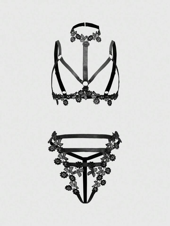 Gothic Water-Soluble Lace Hollow Out Halter Sexy Lingerie Set