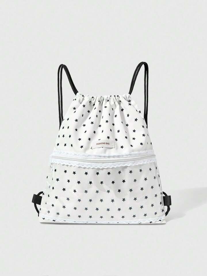 Star Print Contrast Lace Trim Transparent Zipper Pocket Large Capacity Multifunctional White Drawstring Backpack, Cute Anime Style, Suitable For School, Commute, Casual Daily Use