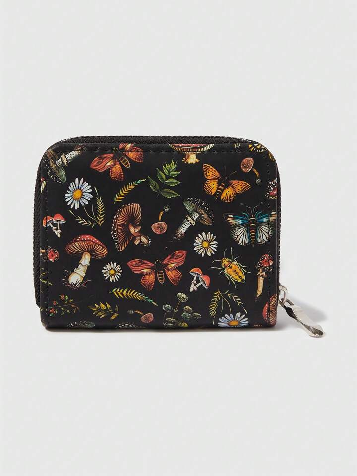 Fairycore Mushroom & Butterfly Short Wallet, Simple Zipper Coin Purse For Women