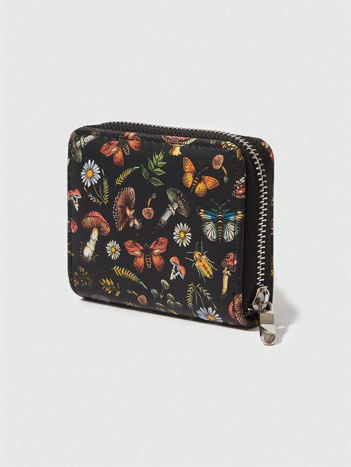 Fairycore Mushroom & Butterfly Short Wallet, Simple Zipper Coin Purse For Women