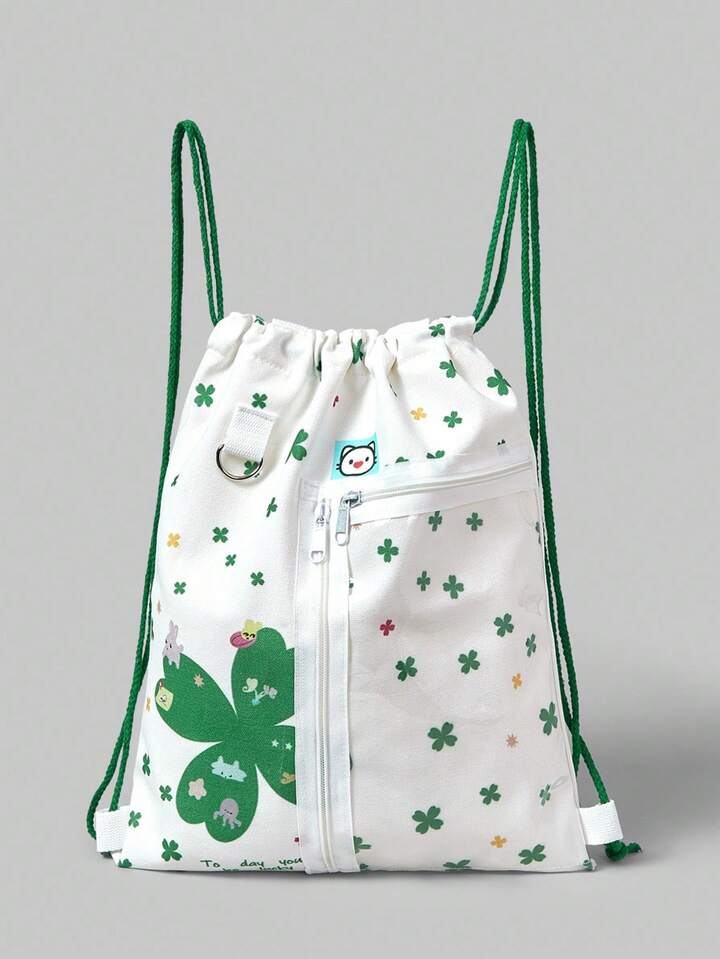 Anime 1pc White Cute Rabbit Print & Clover Graphic Drawstring Backpack, Sweet Retro Y2K Aesthetic Backpack, Fashion Letter Drawstring Pouch, Mini Doll Display Backpack, Suitable For Daily Commute, Shopping, Etc.