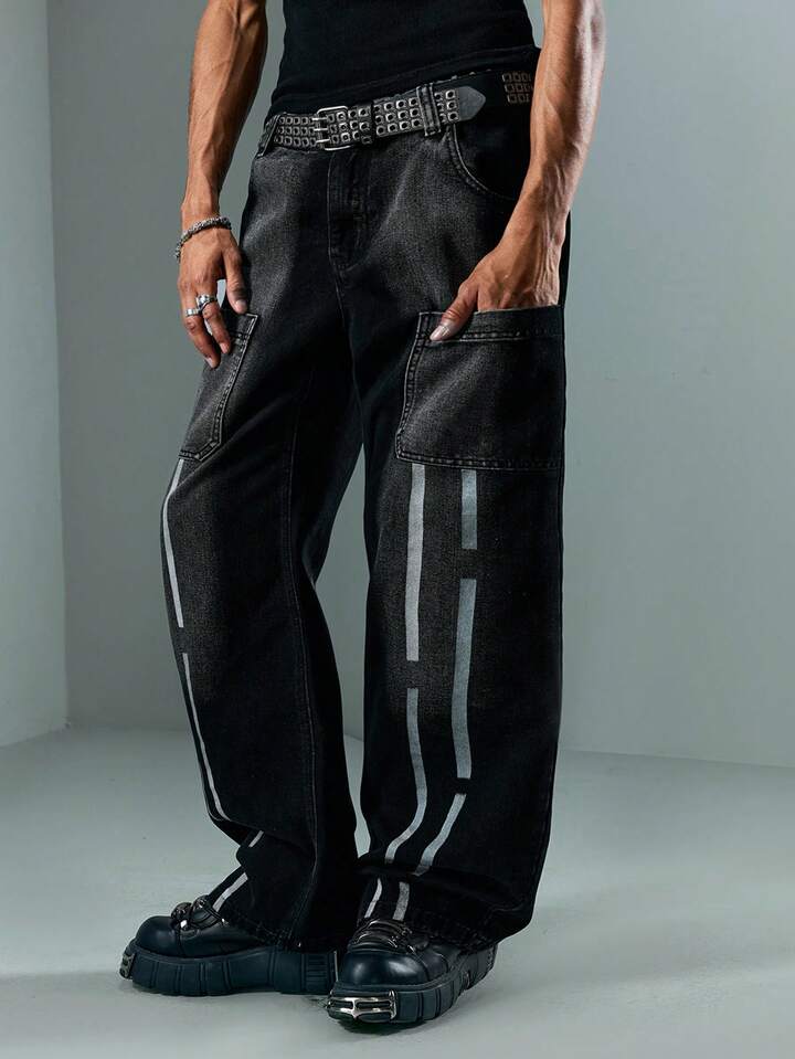 Street Life Men's Loose Fit Casual Striped Wide Leg Jeans With Dual Pockets