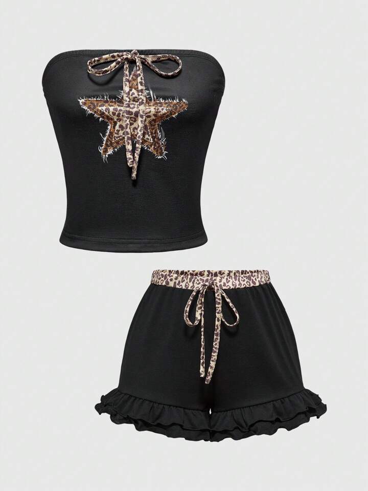 Goth Dark Punk Leopard & Star Print Layered Ruffle Hem Camisole And Shorts Pajama Set