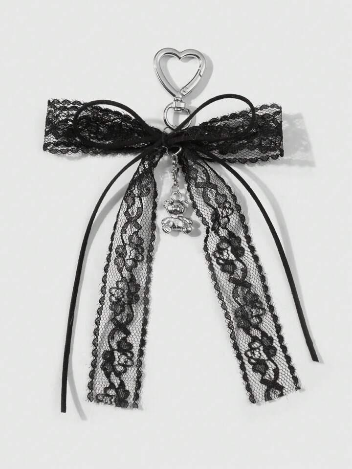 1pc Gothic Style Lace Bow Star Chain Teddy Bear Heart Keychain, Dark Aesthetic Kawaii Accessory, Suitable For Women And Girls, Daily Use Or Festival Gift Valentines, Halloween