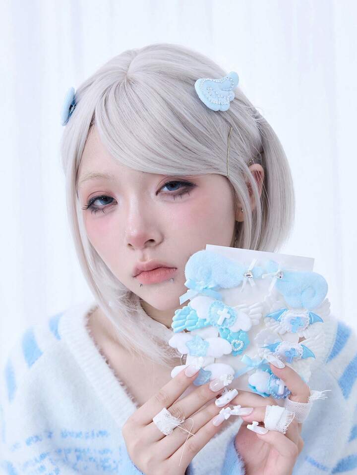 Kawaii 10 Random Cute Handmade Wing Hairpins, Blue Plush Rhinestone Hairpin Combination, Lolita Multi-Piece Hair Accessories Set Combination.