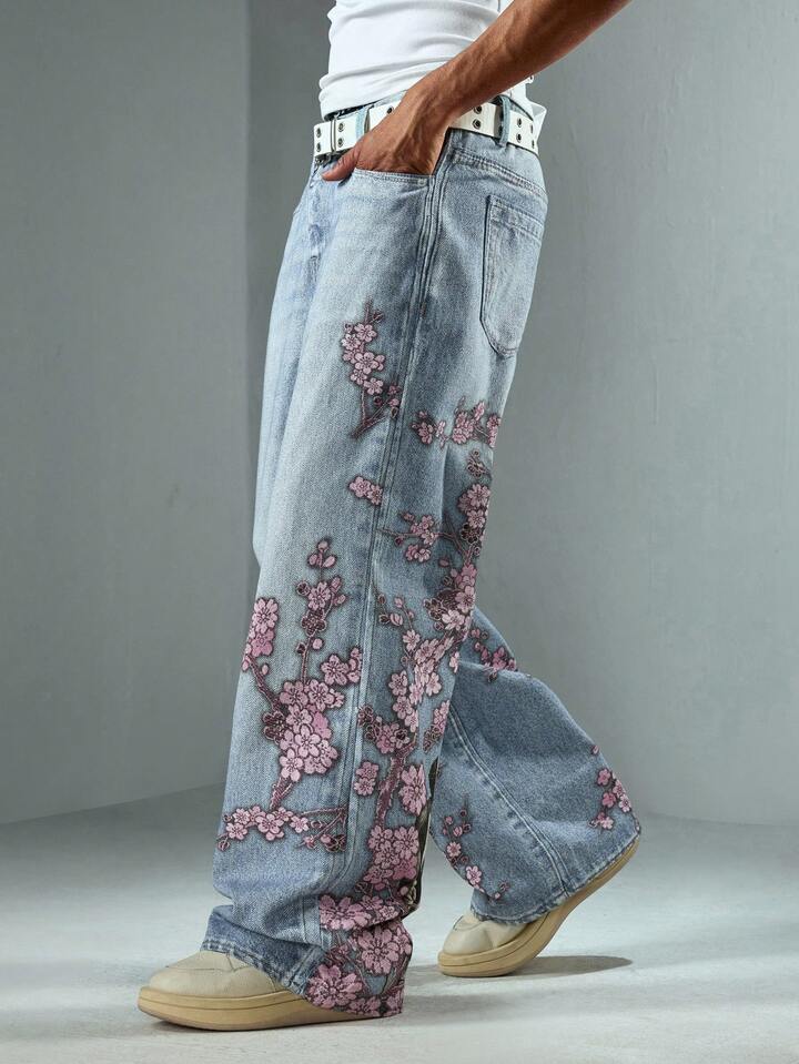 Anime Men's Loose Fit Floral Print Wide Leg Jeans, Streetwear Style